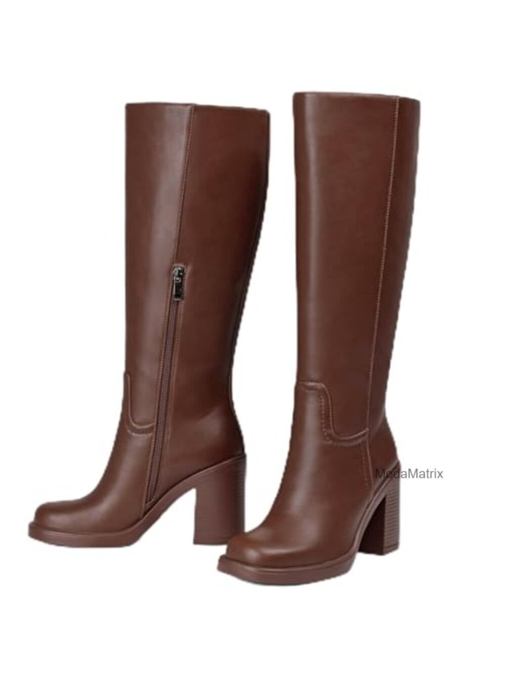 Women's Wide Calf Knee High Boots Faux Leather Platform Chunky Heel Zip Tall